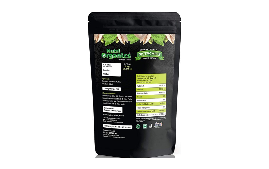 Nutri Organics Premium California Pistachios Roasted & Salted   Pack  1 kilogram